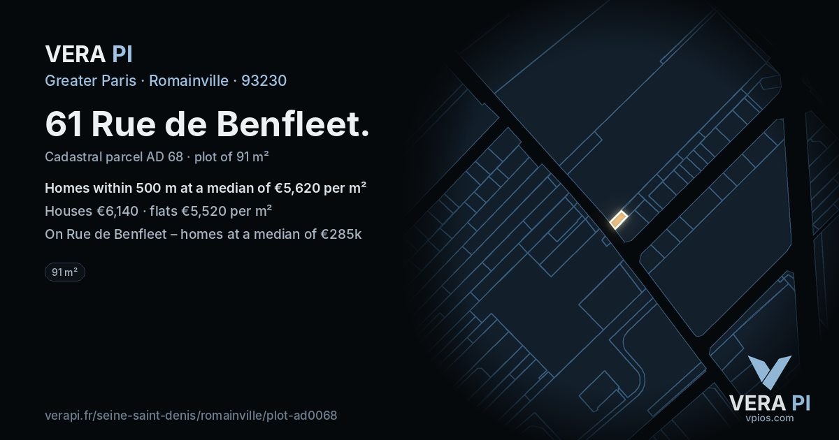 61 Rue de Benfleet, Romainville at night – the plot lit, the parcels around coloured by the prices near them