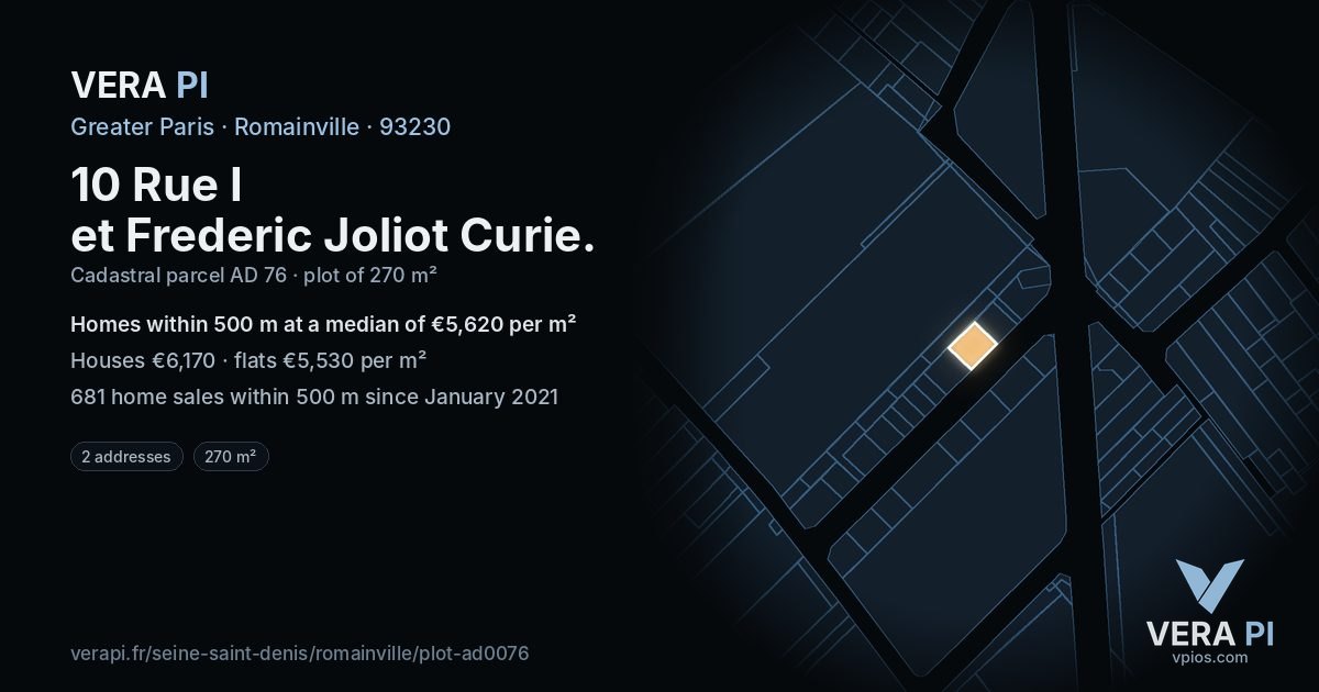 10 Rue I et Frederic Joliot Curie, Romainville at night – the plot lit, the parcels around coloured by the prices near them