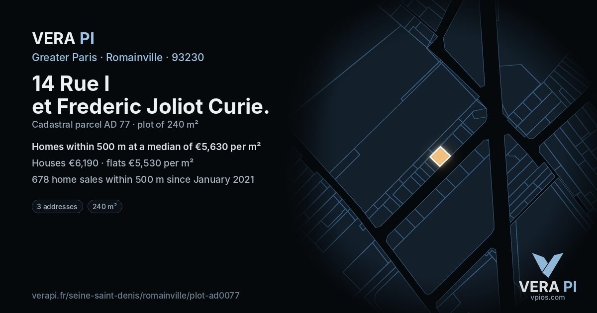14 Rue I et Frederic Joliot Curie, Romainville at night – the plot lit, the parcels around coloured by the prices near them