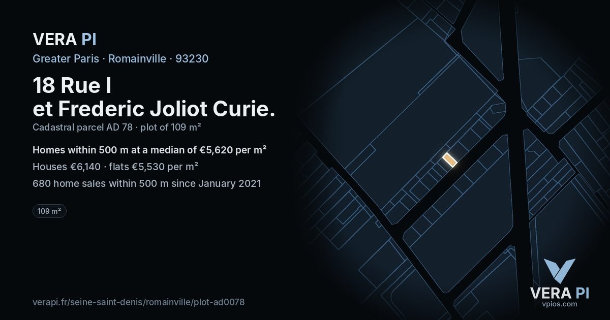 18 Rue I et Frederic Joliot Curie, Romainville at night – the plot lit, the parcels around coloured by the prices near them
