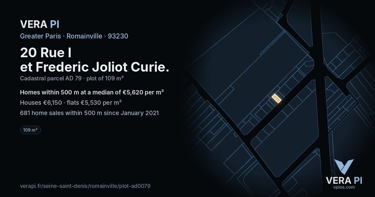 20 Rue I et Frederic Joliot Curie, Romainville at night – the plot lit, the parcels around coloured by the prices near them