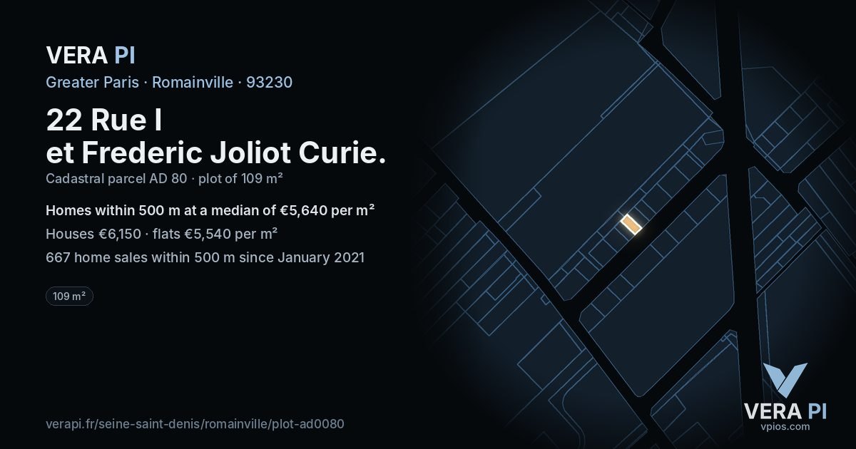 22 Rue I et Frederic Joliot Curie, Romainville at night – the plot lit, the parcels around coloured by the prices near them