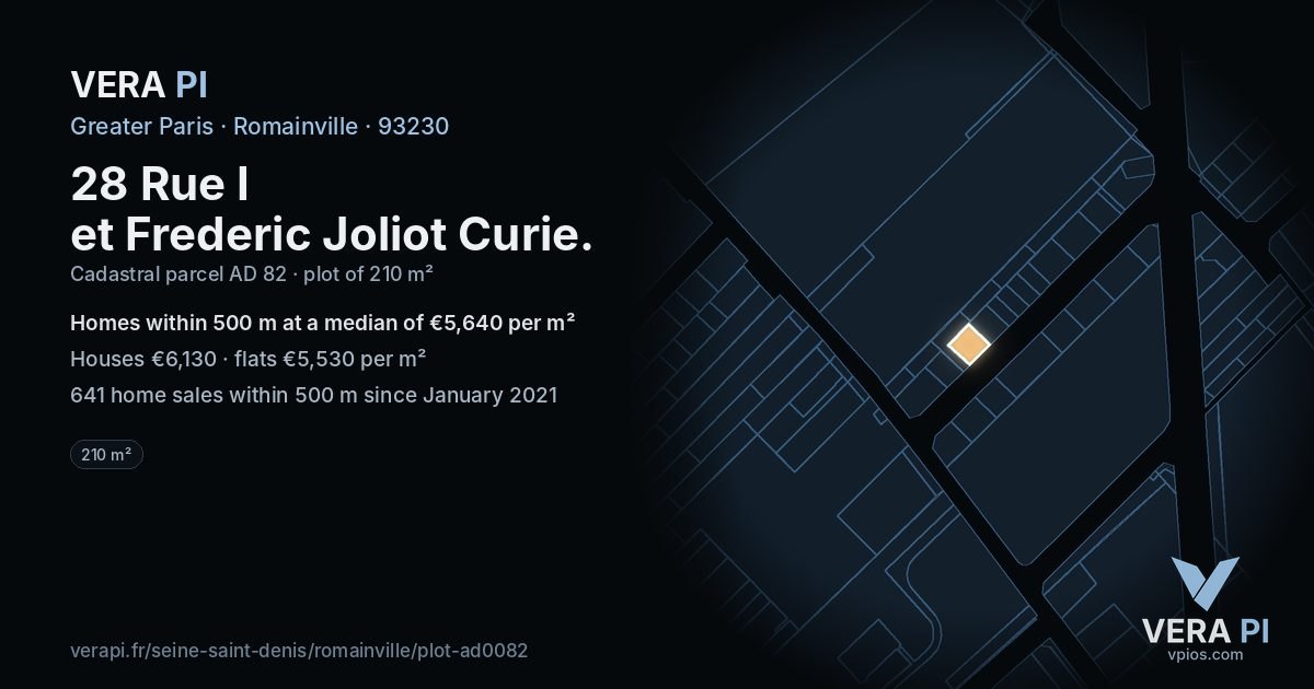 28 Rue I et Frederic Joliot Curie, Romainville at night – the plot lit, the parcels around coloured by the prices near them