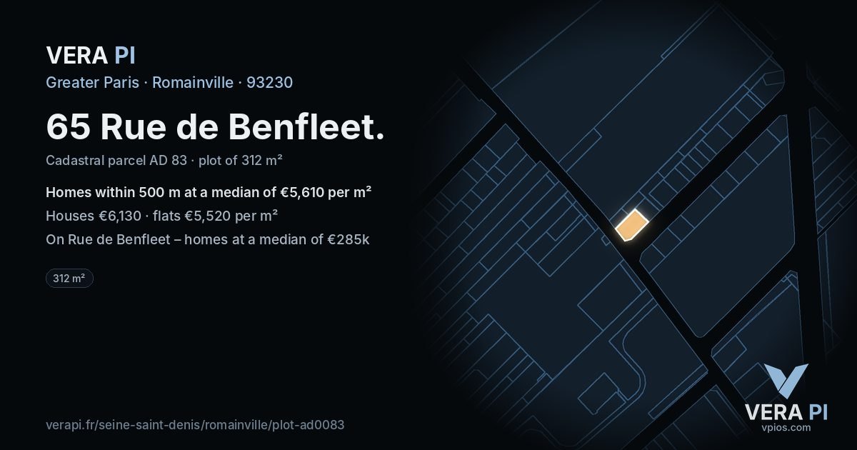 65 Rue de Benfleet, Romainville at night – the plot lit, the parcels around coloured by the prices near them