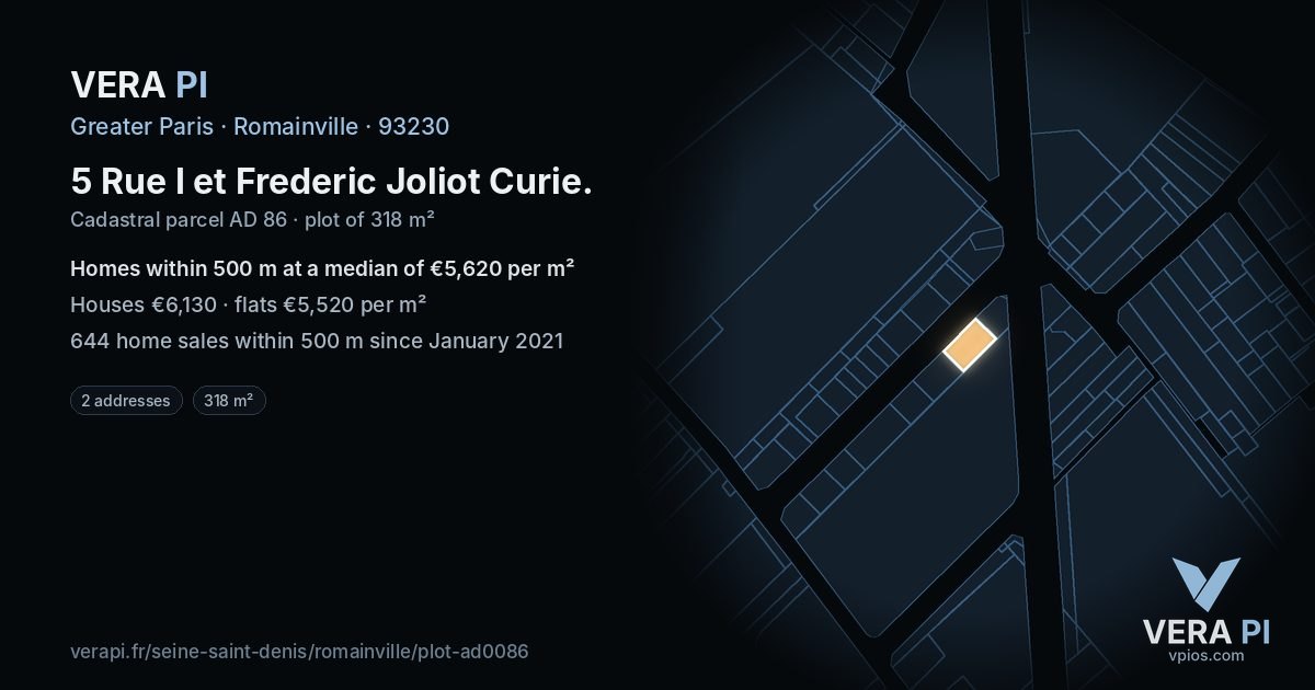 5 Rue I et Frederic Joliot Curie, Romainville at night – the plot lit, the parcels around coloured by the prices near them