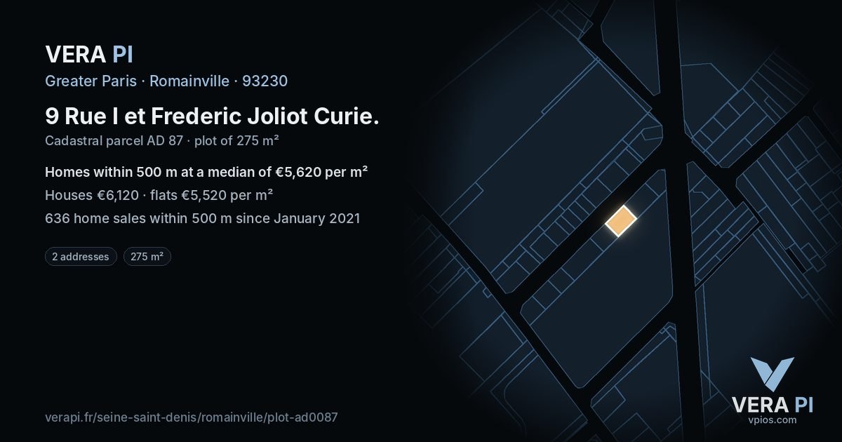 9 Rue I et Frederic Joliot Curie, Romainville at night – the plot lit, the parcels around coloured by the prices near them