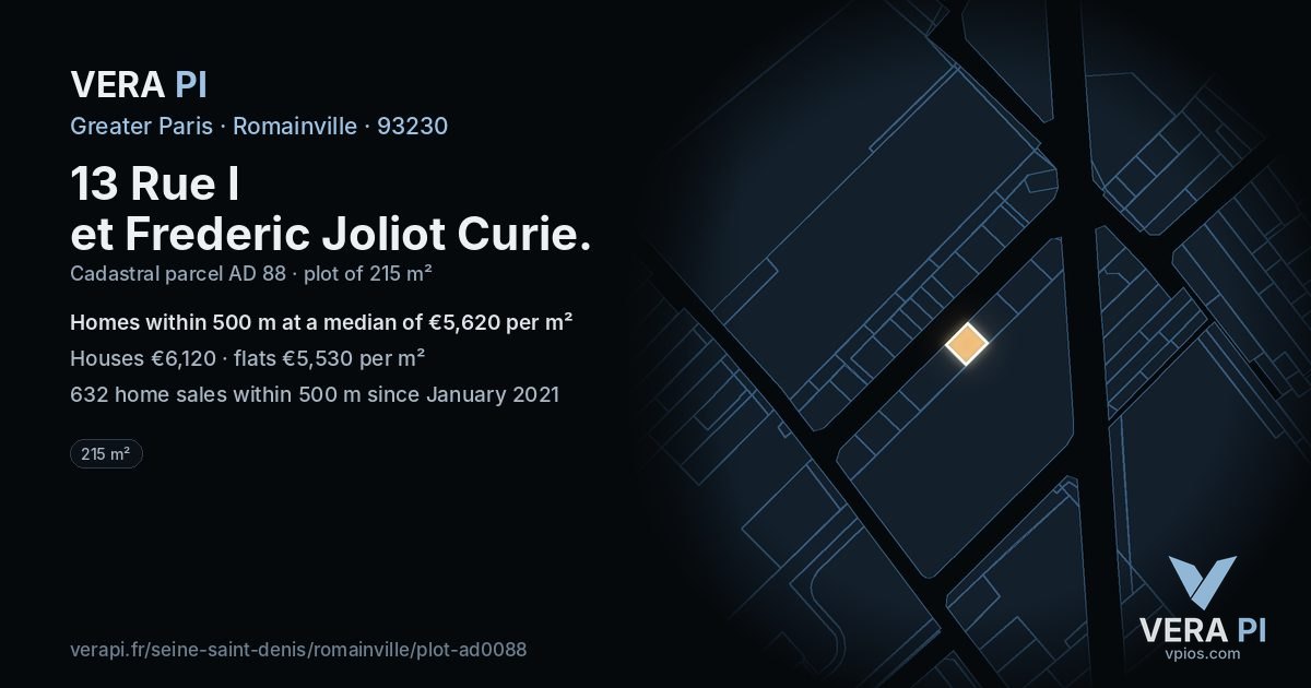 13 Rue I et Frederic Joliot Curie, Romainville at night – the plot lit, the parcels around coloured by the prices near them