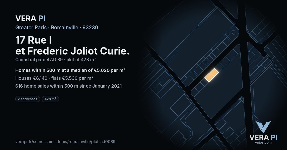 17 Rue I et Frederic Joliot Curie, Romainville at night – the plot lit, the parcels around coloured by the prices near them