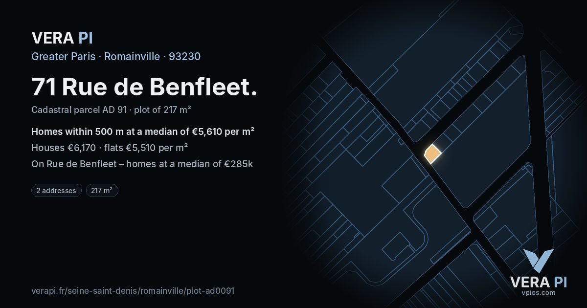 71 Rue de Benfleet, Romainville at night – the plot lit, the parcels around coloured by the prices near them