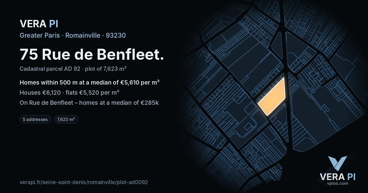 75 Rue de Benfleet, Romainville at night – the plot lit, the parcels around coloured by the prices near them
