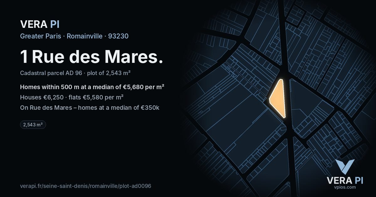 1 Rue des Mares, Romainville at night – the plot lit, the parcels around coloured by the prices near them