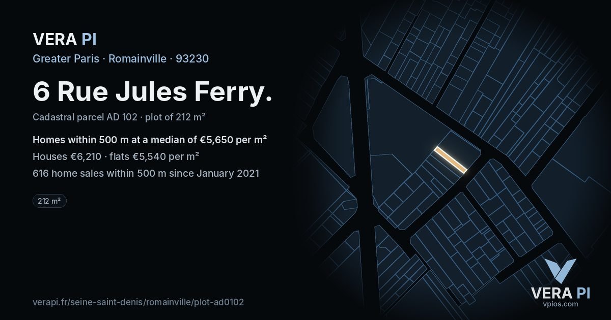 6 Rue Jules Ferry, Romainville at night – the plot lit, the parcels around coloured by the prices near them