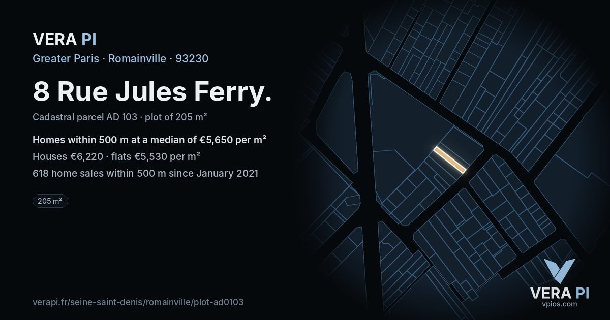 8 Rue Jules Ferry, Romainville at night – the plot lit, the parcels around coloured by the prices near them