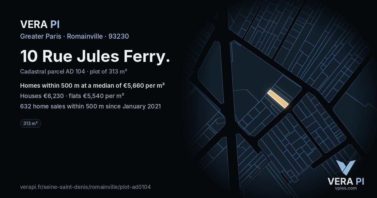 10 Rue Jules Ferry, Romainville at night – the plot lit, the parcels around coloured by the prices near them