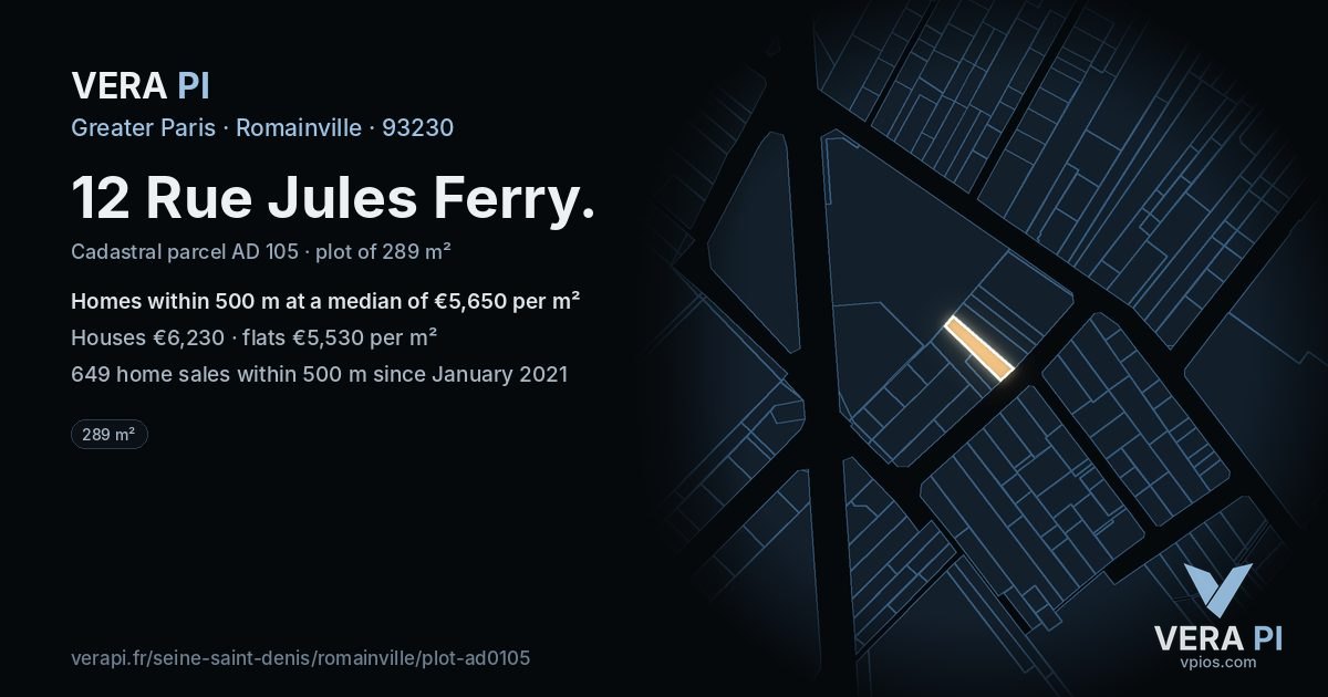 12 Rue Jules Ferry, Romainville at night – the plot lit, the parcels around coloured by the prices near them