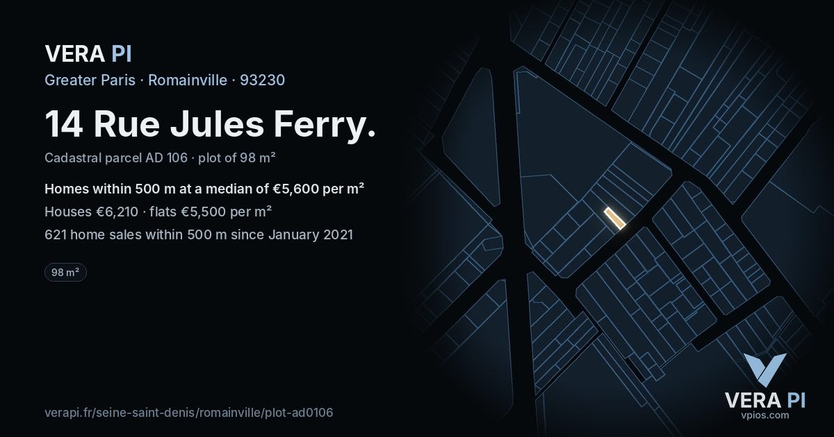 14 Rue Jules Ferry, Romainville at night – the plot lit, the parcels around coloured by the prices near them