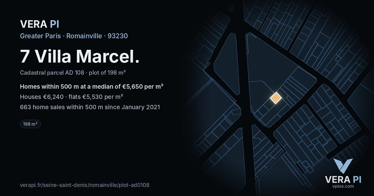 7 Villa Marcel, Romainville at night – the plot lit, the parcels around coloured by the prices near them