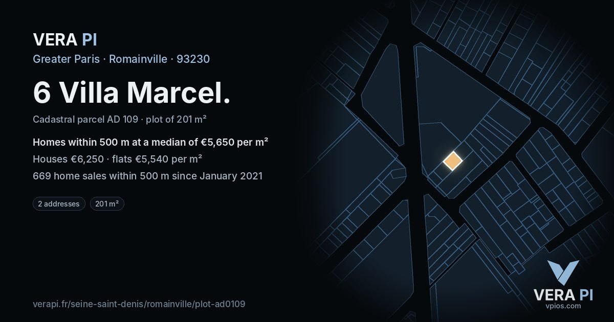 6 Villa Marcel, Romainville at night – the plot lit, the parcels around coloured by the prices near them