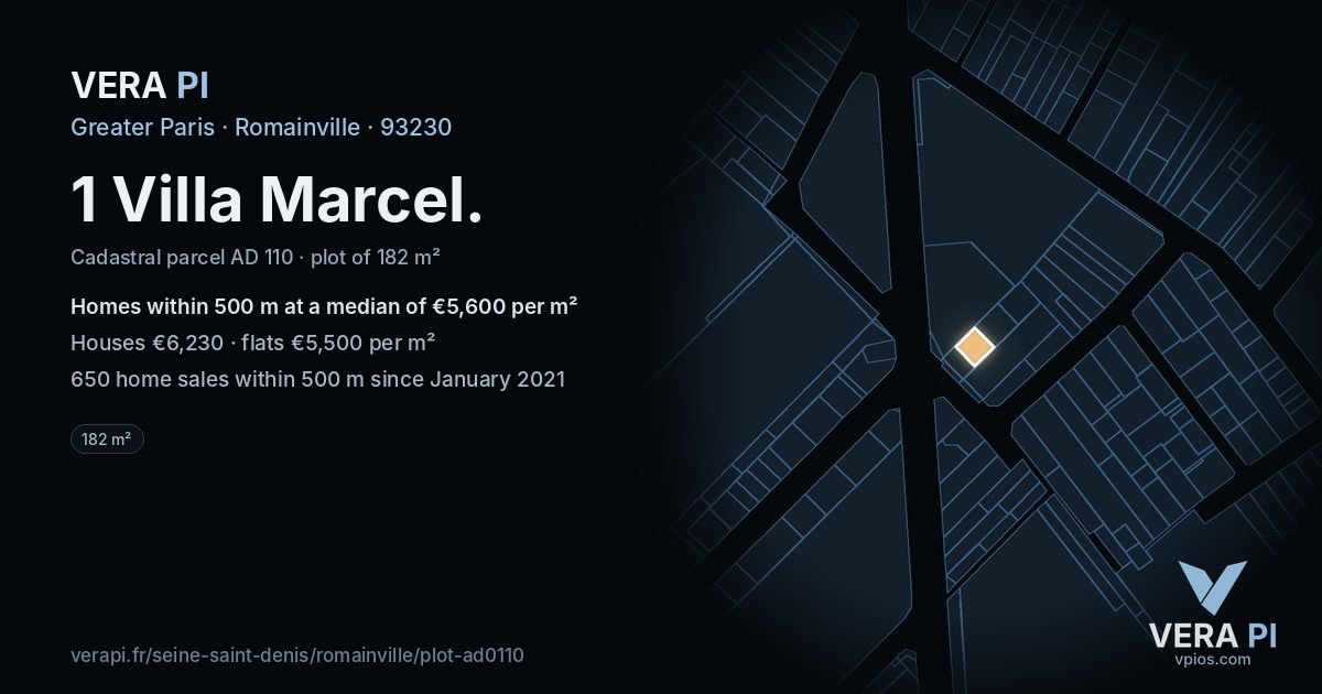 1 Villa Marcel, Romainville at night – the plot lit, the parcels around coloured by the prices near them