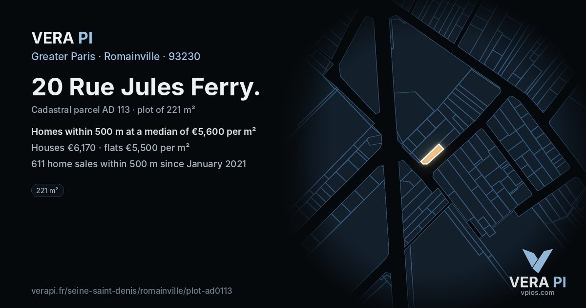 20 Rue Jules Ferry, Romainville at night – the plot lit, the parcels around coloured by the prices near them