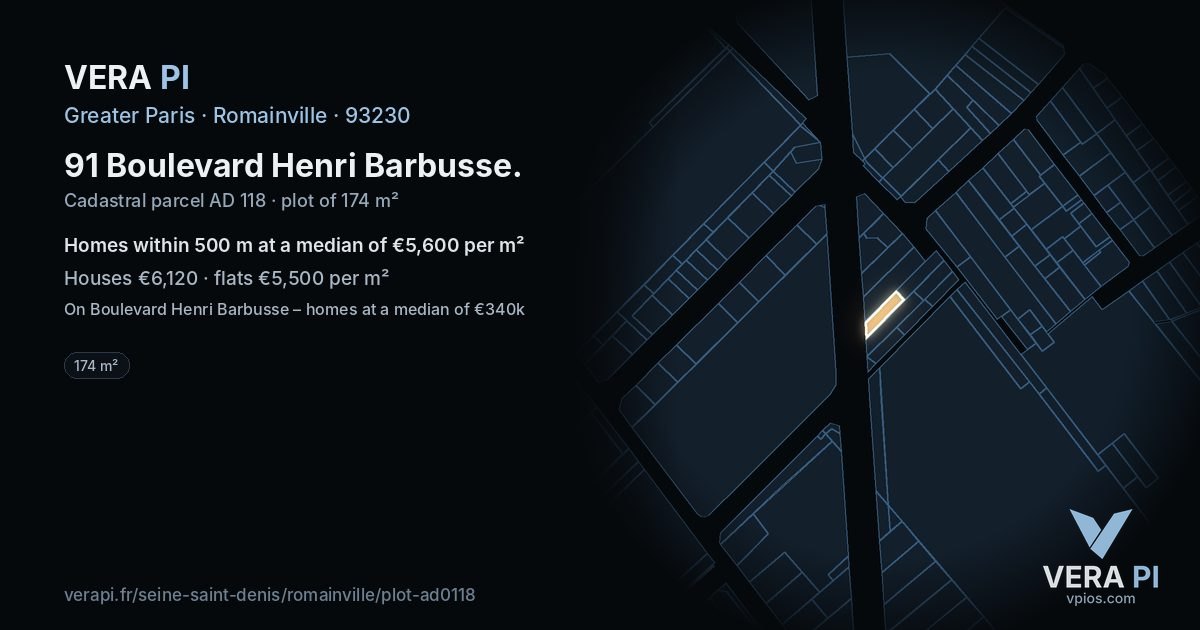 91 Boulevard Henri Barbusse, Romainville at night – the plot lit, the parcels around coloured by the prices near them