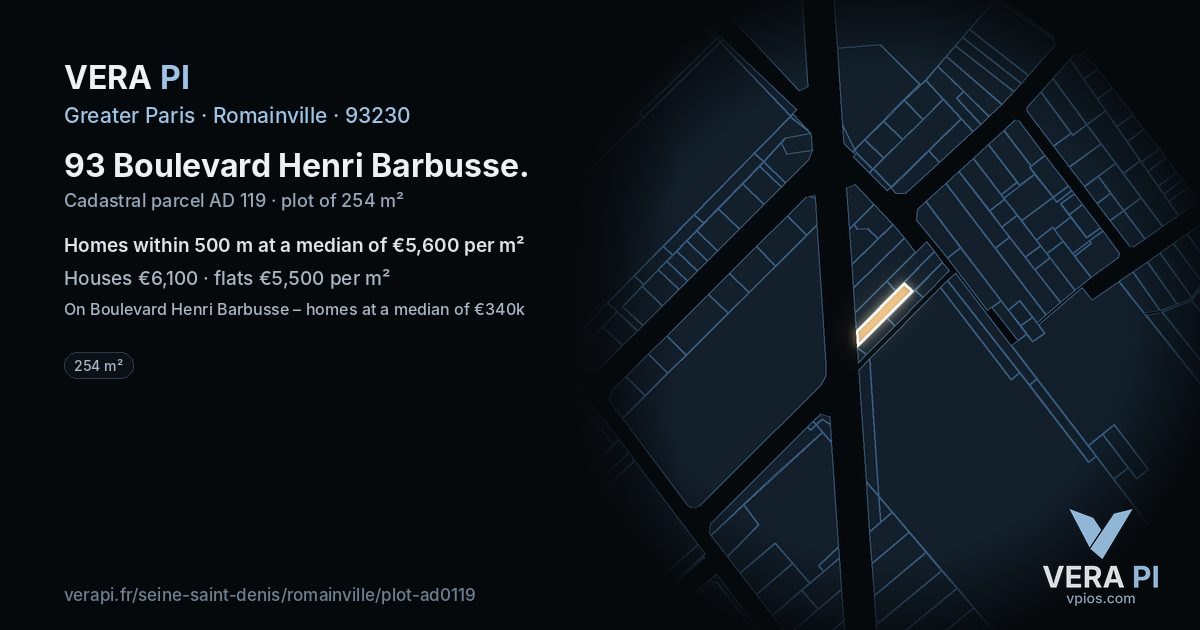 93 Boulevard Henri Barbusse, Romainville at night – the plot lit, the parcels around coloured by the prices near them