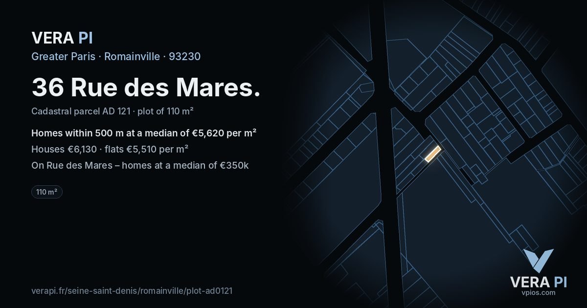 36 Rue des Mares, Romainville at night – the plot lit, the parcels around coloured by the prices near them