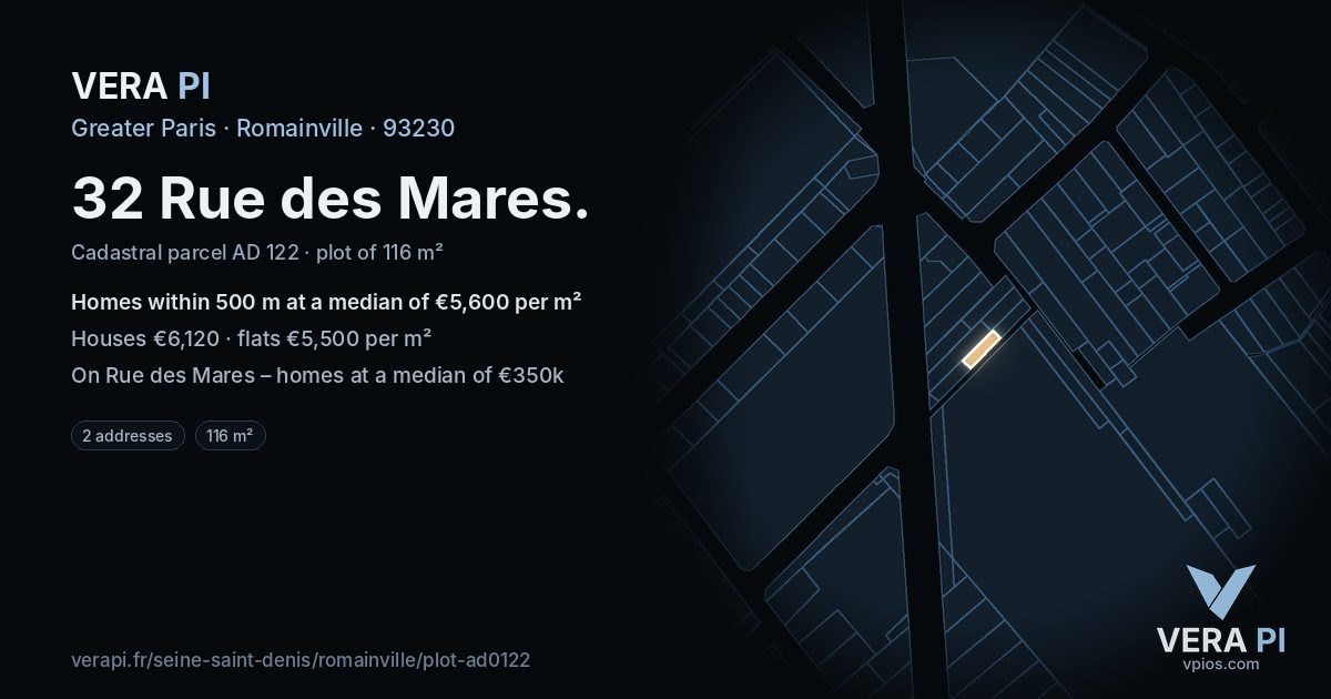 32 Rue des Mares, Romainville at night – the plot lit, the parcels around coloured by the prices near them
