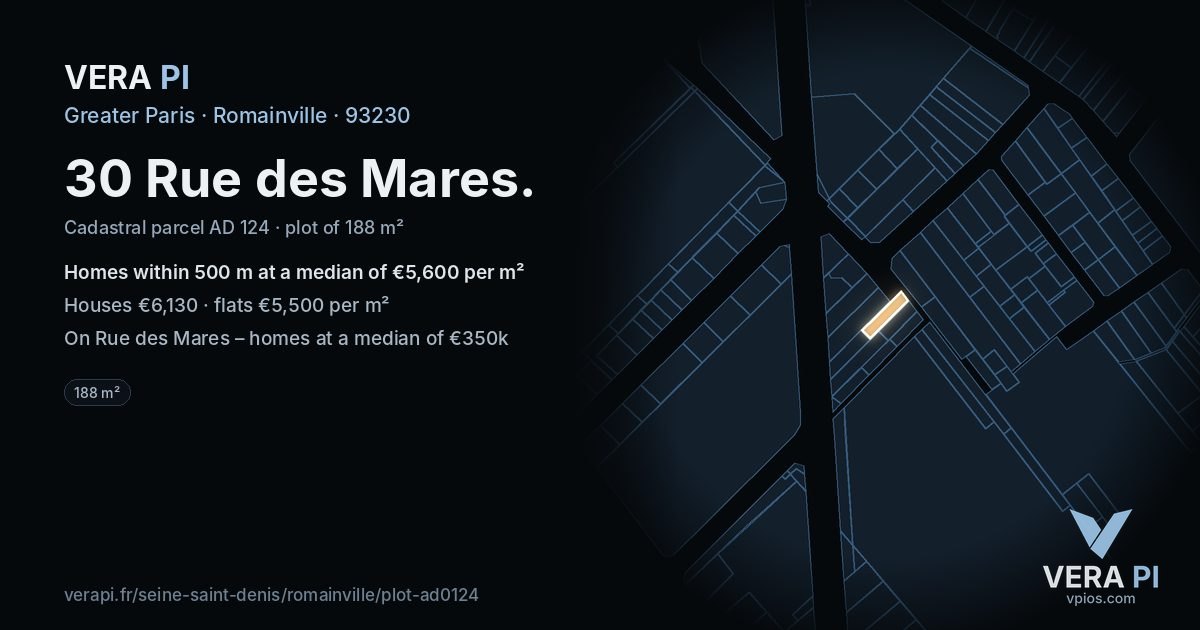 30 Rue des Mares, Romainville at night – the plot lit, the parcels around coloured by the prices near them