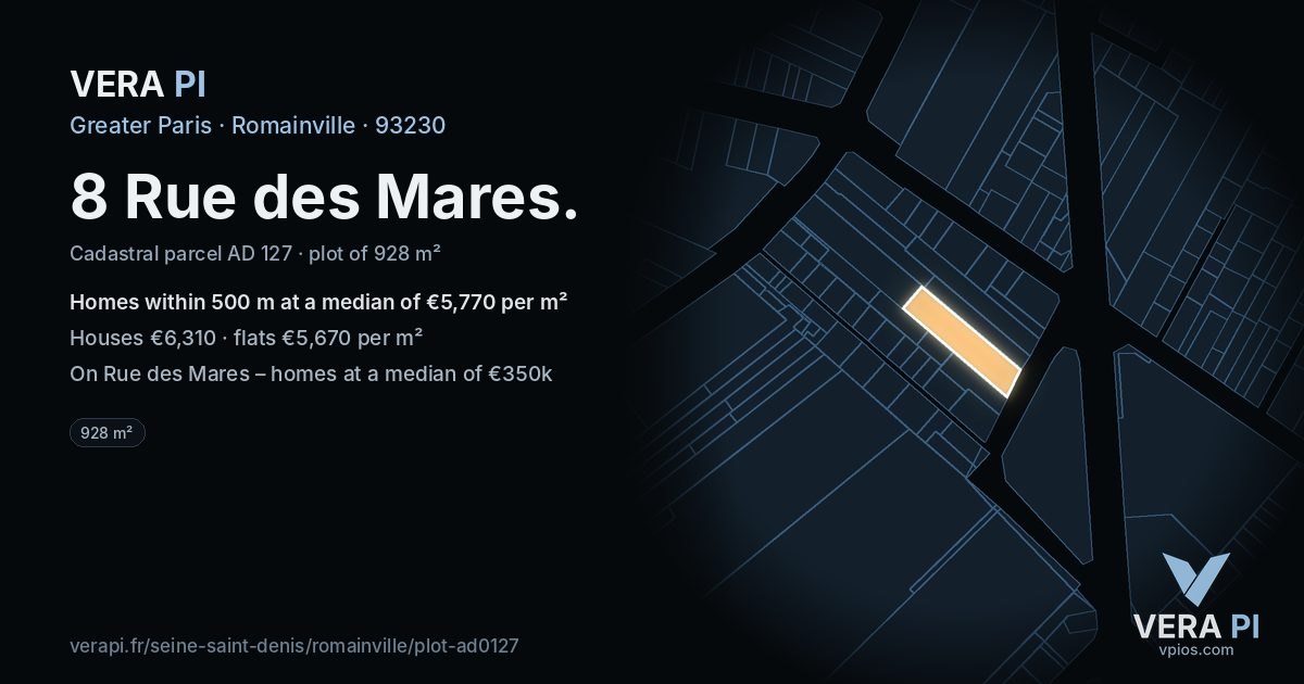 8 Rue des Mares, Romainville at night – the plot lit, the parcels around coloured by the prices near them