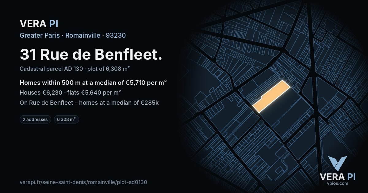 31 Rue de Benfleet, Romainville at night – the plot lit, the parcels around coloured by the prices near them