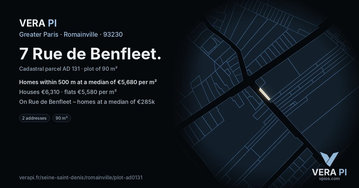 7 Rue de Benfleet, Romainville at night – the plot lit, the parcels around coloured by the prices near them