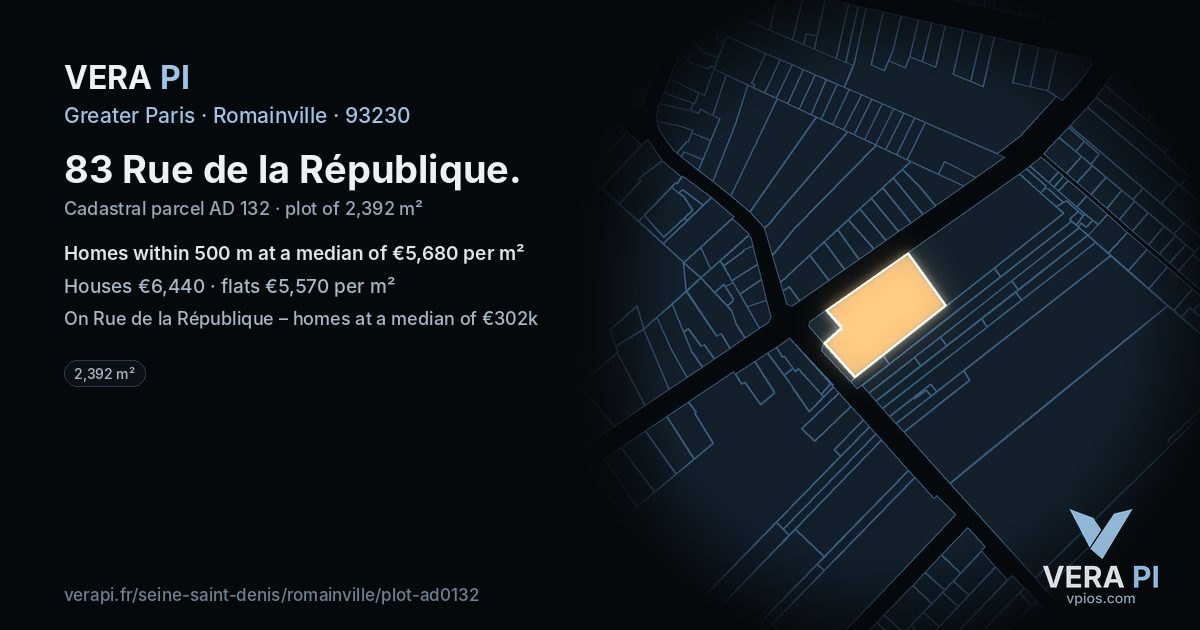 83 Rue de la République, Romainville at night – the plot lit, the parcels around coloured by the prices near them