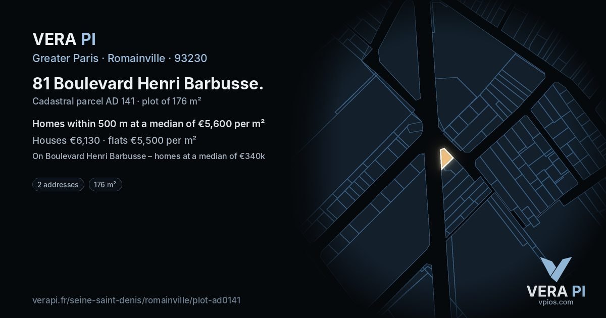 81 Boulevard Henri Barbusse, Romainville at night – the plot lit, the parcels around coloured by the prices near them