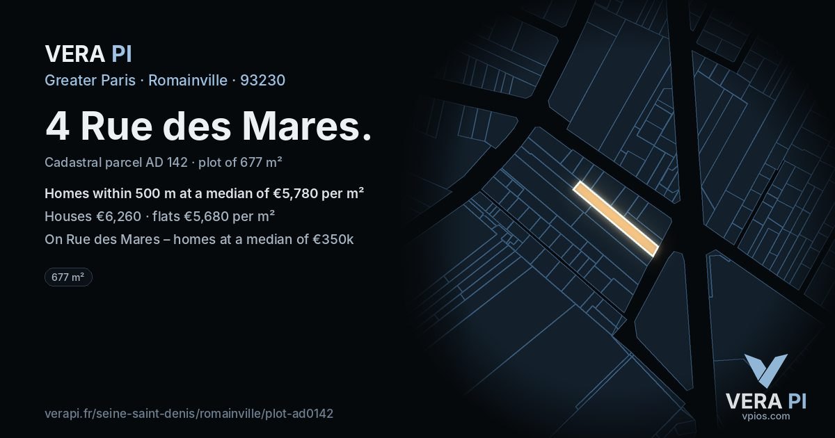 4 Rue des Mares, Romainville at night – the plot lit, the parcels around coloured by the prices near them