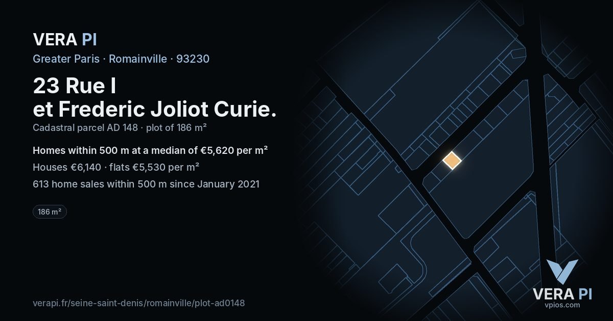 23 Rue I et Frederic Joliot Curie, Romainville at night – the plot lit, the parcels around coloured by the prices near them