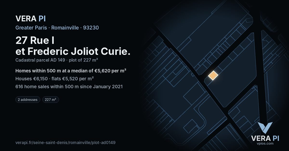 27 Rue I et Frederic Joliot Curie, Romainville at night – the plot lit, the parcels around coloured by the prices near them