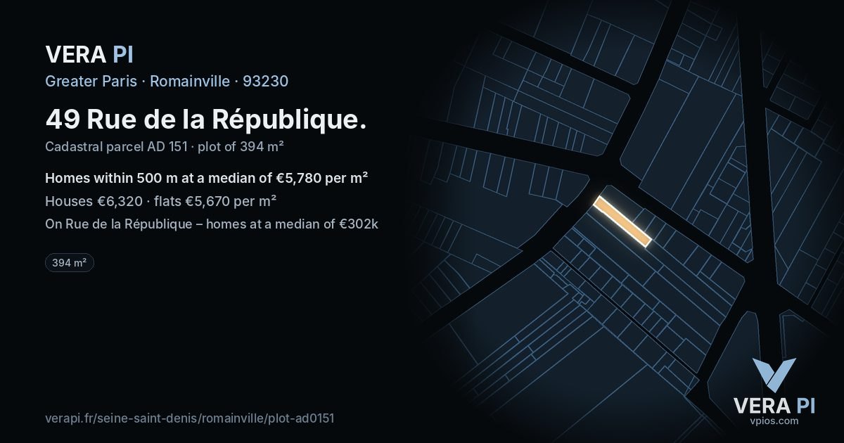 49 Rue de la République, Romainville at night – the plot lit, the parcels around coloured by the prices near them