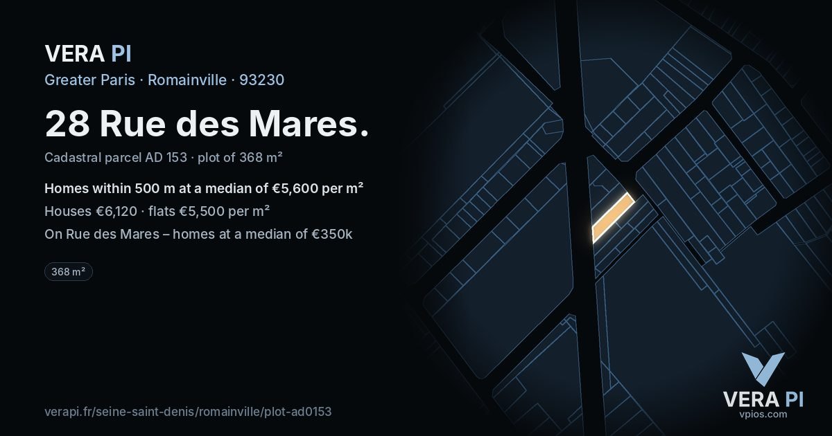 28 Rue des Mares, Romainville at night – the plot lit, the parcels around coloured by the prices near them