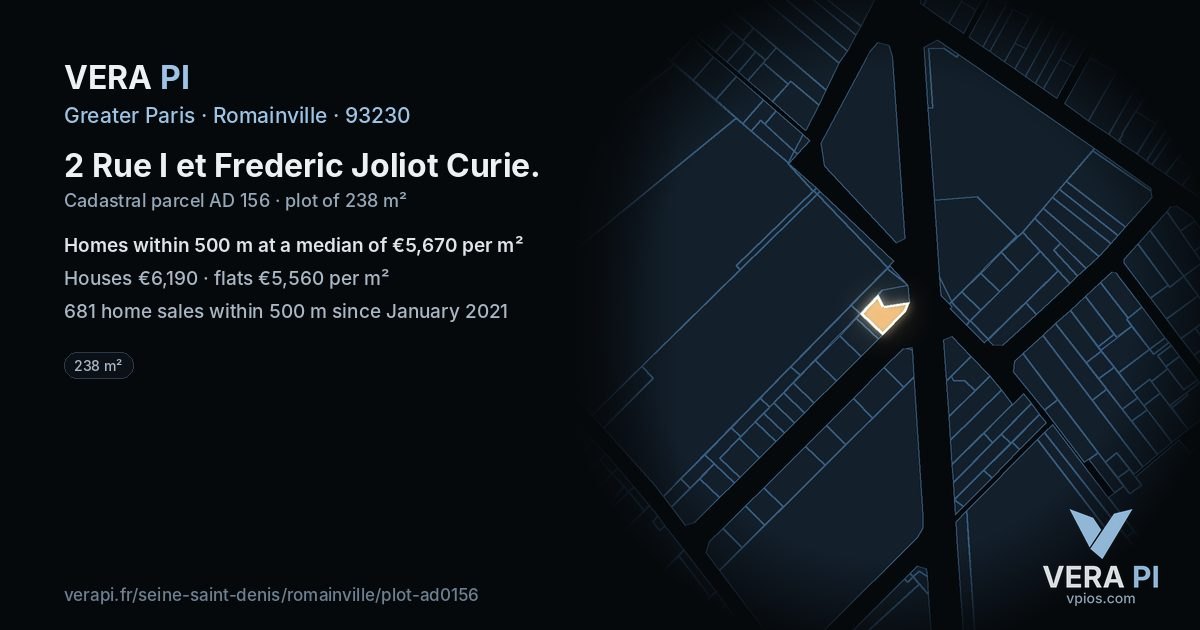 2 Rue I et Frederic Joliot Curie, Romainville at night – the plot lit, the parcels around coloured by the prices near them