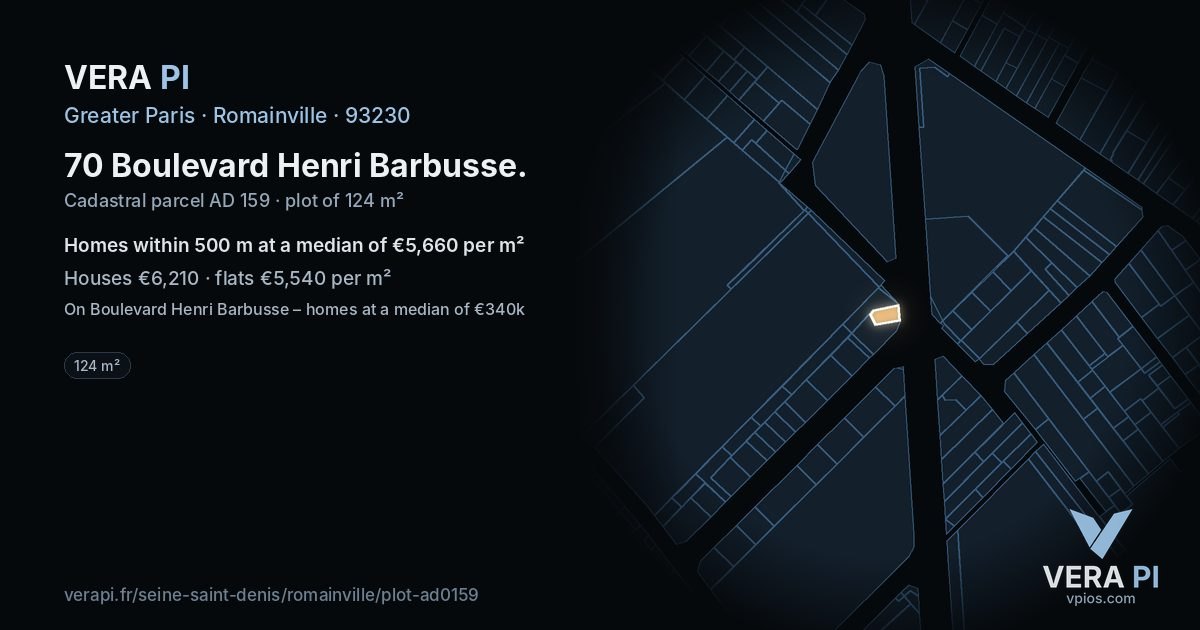 70 Boulevard Henri Barbusse, Romainville at night – the plot lit, the parcels around coloured by the prices near them