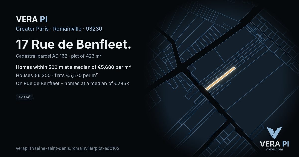 17 Rue de Benfleet, Romainville at night – the plot lit, the parcels around coloured by the prices near them