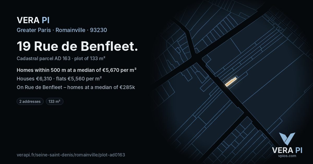 19 Rue de Benfleet, Romainville at night – the plot lit, the parcels around coloured by the prices near them