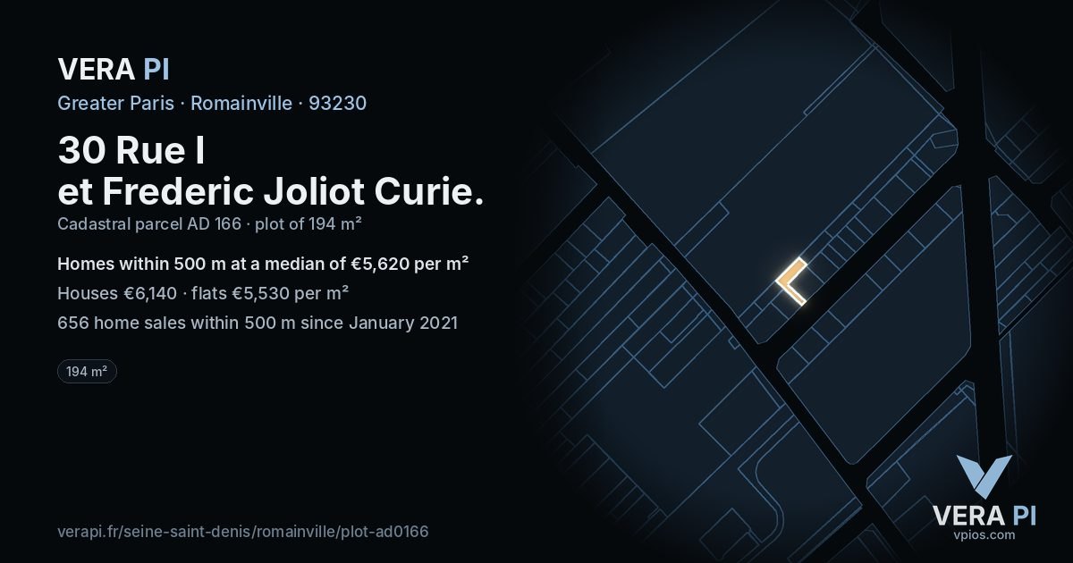30 Rue I et Frederic Joliot Curie, Romainville at night – the plot lit, the parcels around coloured by the prices near them