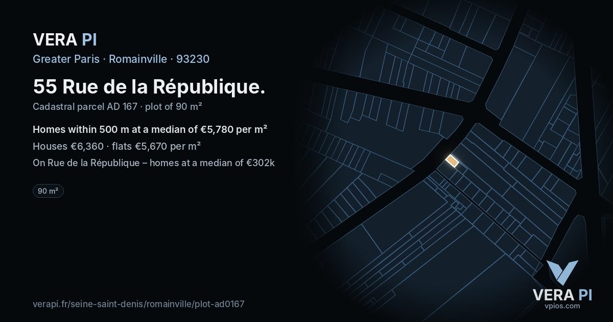 55 Rue de la République, Romainville at night – the plot lit, the parcels around coloured by the prices near them