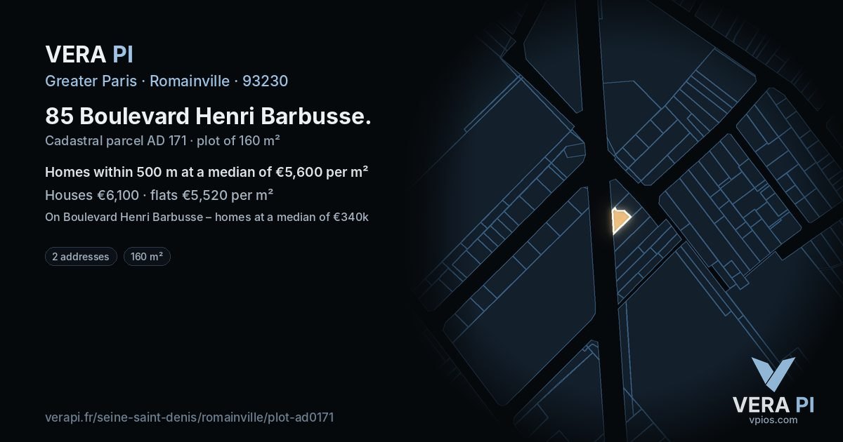 85 Boulevard Henri Barbusse, Romainville at night – the plot lit, the parcels around coloured by the prices near them