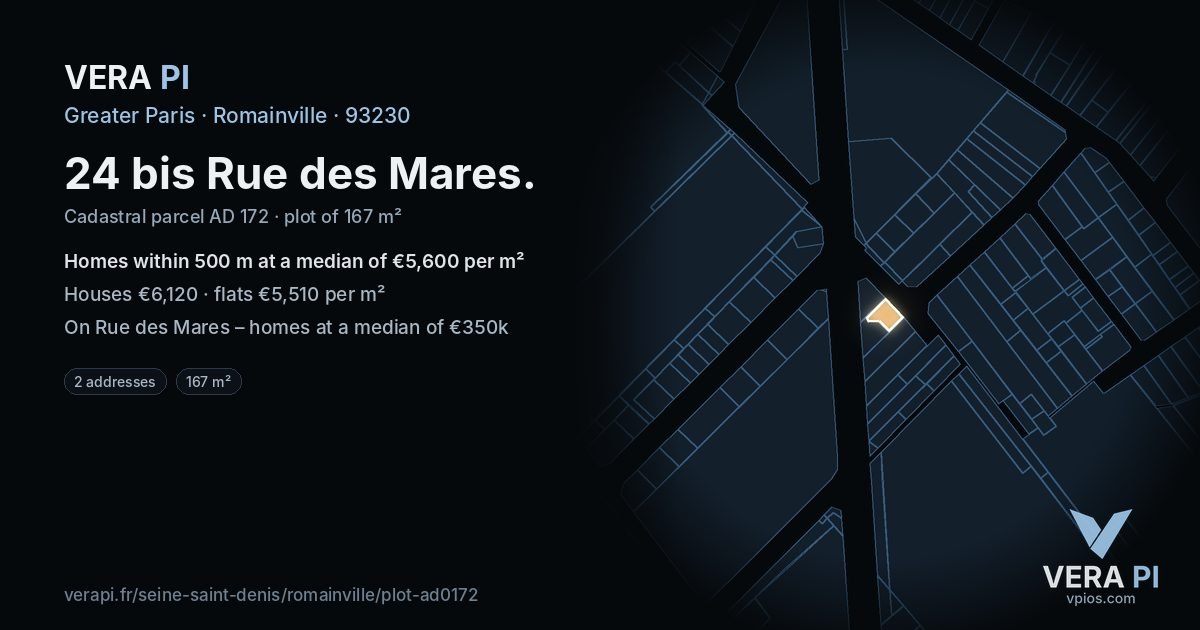 24 bis Rue des Mares, Romainville at night – the plot lit, the parcels around coloured by the prices near them