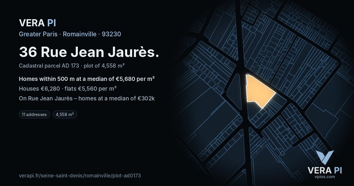 36 Rue Jean Jaurès, Romainville at night – the plot lit, the parcels around coloured by the prices near them