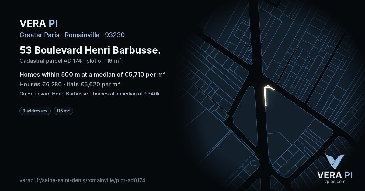 53 Boulevard Henri Barbusse, Romainville at night – the plot lit, the parcels around coloured by the prices near them