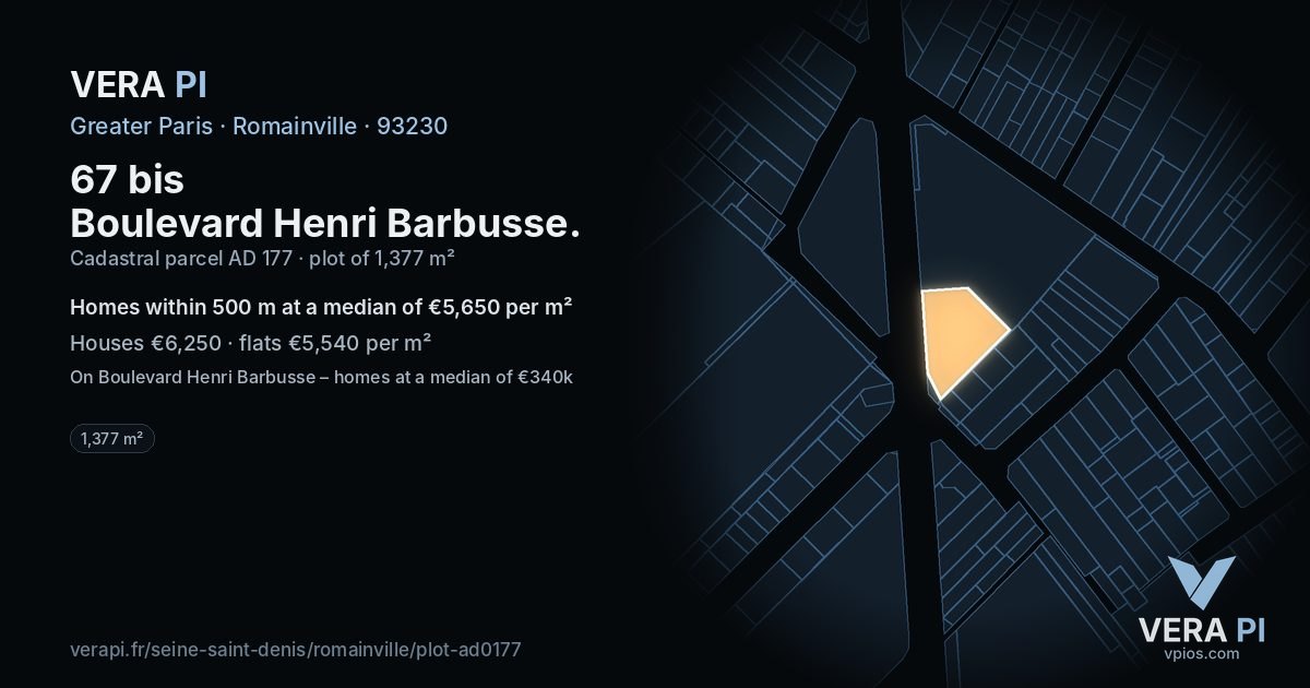 67 bis Boulevard Henri Barbusse, Romainville at night – the plot lit, the parcels around coloured by the prices near them